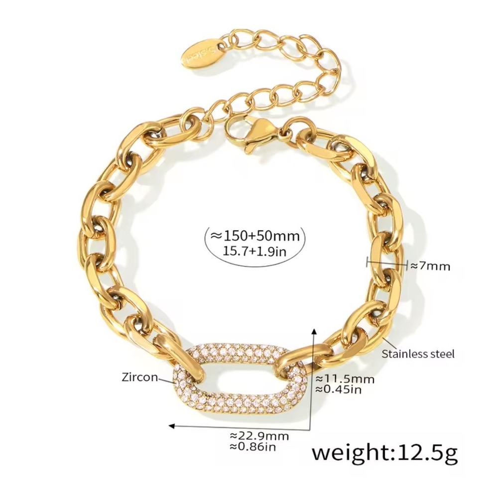 Gold Stainless Steel Pave Zircon Chain Link Bracelet Adjustable Lobster Clasp - Picture 2 of 6